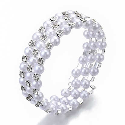 Bracelets en fer à trois boucles, avec strass et abs en plastique imitation perle, platine