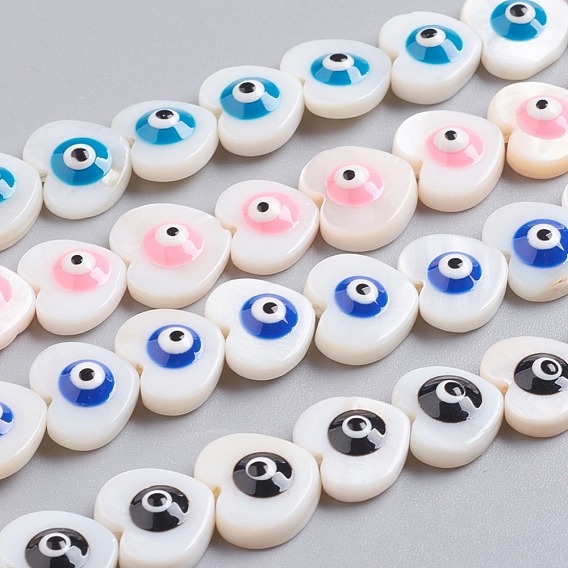Natural Shell Beads Strands, with Enamel, Heart with Evil Eye