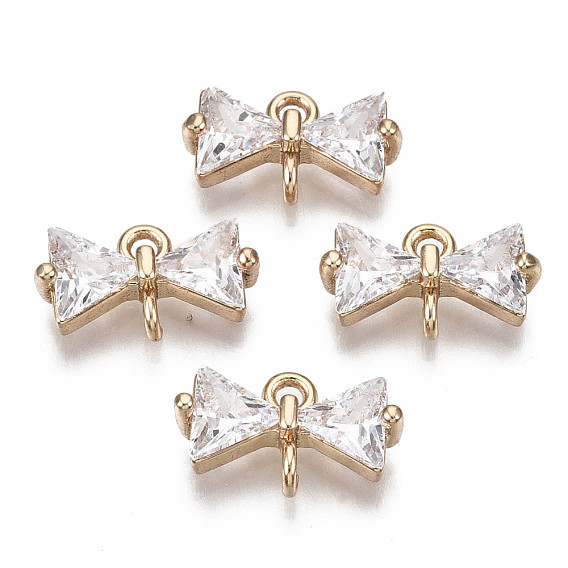 Brass Micro Pave Cubic Zirconia Links Connectors, Bowknot, Long-Lasting Plated, Light Gold