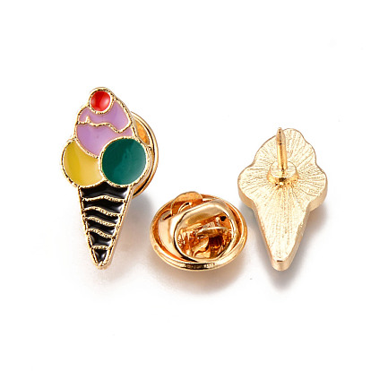 Alloy Enamel Brooches, Enamel Pin, with Brass Butterfly Clutches, Ice Cream, Light Gold, Cadmium Free & Nickel Free & Lead Free