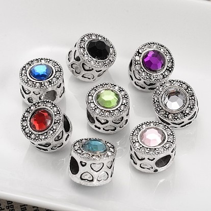 Antique Silver Tone Flat Round with Heart Alloy Acrylic European Large Hole Beads, with Rhinestone, 12x11mm, Hole: 4.5mm