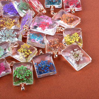 Rectangle Alloy Glass Pendants, Cadmium Free & Lead Free, with Dried Flower Inside
