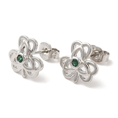 Rack Plating Brass Clover Stud Earrings with Cubic Zirconia for Women, Lead Free & Cadmium Free