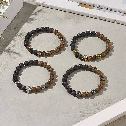 Natural Wenge Wood & Lava Rock Beaded Stretch Bracelet Sets with Synthetic Hematite Beads, Alloy Skull Head Bracelet