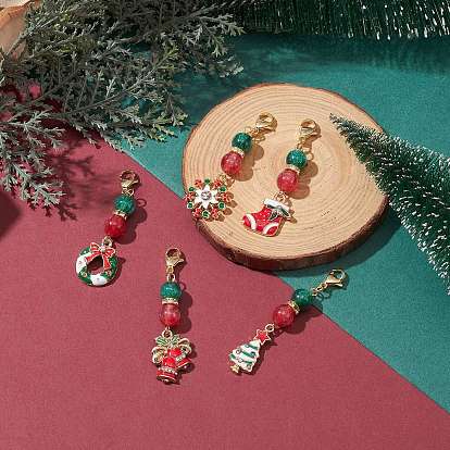 Рождественские украшения из сплава эмали, с бусиной из смолы и 304 подвеской-застежкой-карабином из нержавеющей стали, венок/колокольчик/дерево/снежинка/носок