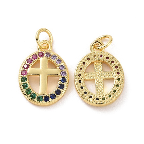 Brass Micro Pave Colorful Cubic Zirconia Pendants, with Jump Ring, Oval with Cross Charms