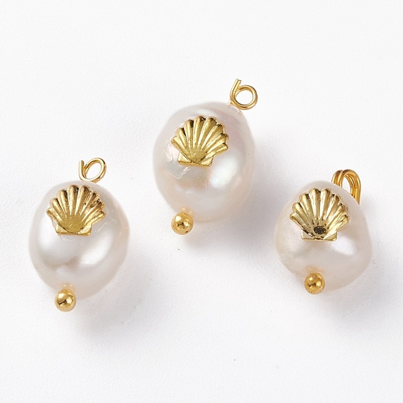 Natural Keshi Pearl Pendants, with Alloy Cabochons and Brass Loops, Nuggets with Shell