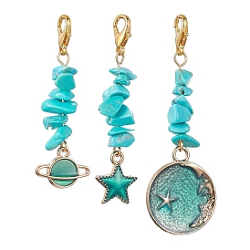 Planet/Star/Flat Round Alloy Enamel Pendant Decorations, with Synthetic Turquoise Chip Bead and Lobster Claw Clasps