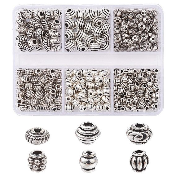 370 pcs 6 styles perles d'espacement en alliage de style tibétain, formes mixtes