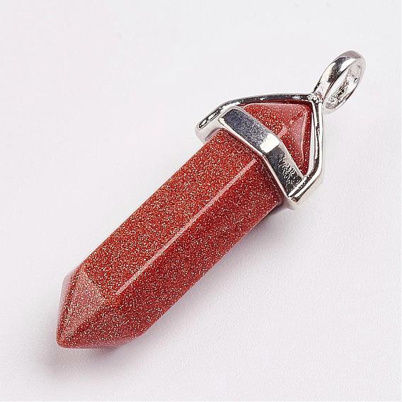 Gemstone Double Terminated Pointed Pendants, with Platinum Tone Brass Findings, Bullet
