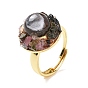Natural Tourmaline Flat Round Adjustable Ring with Clear Glass, Rack Plating Brass Jewelry for Women, Cadmium Free & Lead Free