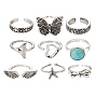9Pcs 9 Style Adjustable Alloy Finger Rings, Bowknot & Heart & Flat Round & Starfish & Fishtail & Flower & Wings & Butterfly & Wide Band Rings