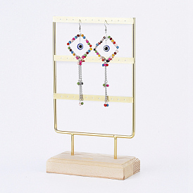 Iron 3-Tier Earring Display Stand, for Hanging Dangle Earring, with Wood Pedestal