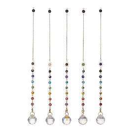 Mixed Natural Gemstone Drowsing Pendulums with Chakra Handmade Lampwork Evil Eye & Brass Sun, Faceted Glass Big Pendants, Teardrop