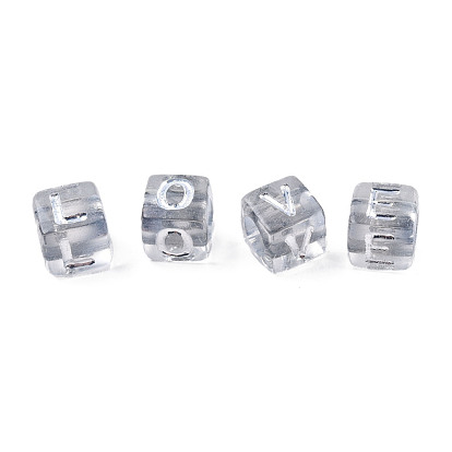 Transparent perles acryliques de placage, trou horizontal, métal enlacée, style alphabet, cube avec une lettre aléatoire a`z