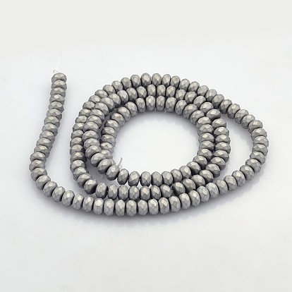 Electroplate Non-magnetic Synthetic Hematite Beads Strands, Faceted Rondelle, Frosted, 4x3mm, Hole: 1mm, about 141pcs/strand, 15.7 inch