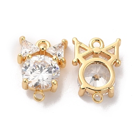 Brass Clear Glass Connector Charms, Flat Round with Bowknot