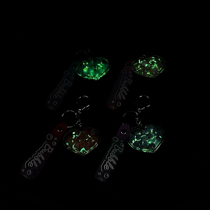 Porte-clés pendentif acrylique coeur lumineux, brillent dans le noir, accessoires de sac à main flottants à sables mouvants liquides, avec les accessoires en alliage