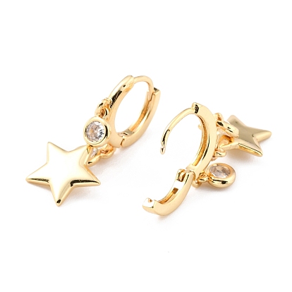Brass Micro Pave Cubic Zirconia Hoop Earrings, Long-Lasting Plated, Star, Real 18K Gold Plated