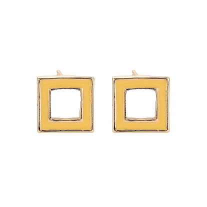 Brass with Enamel Earring Findings, with Loop, Nickel Free, Square, Golden
