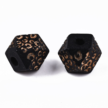 Painted Natural Wood Beads, Laser Engraved Pattern, Faceted, Polygon with Leopard Print
