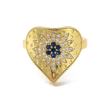 Clear & Blue Cubic Zirconia Heart Flower Open Cuff Ring, Rack Plating Brass Jewelry for Women, Lead Free & Cadmium Free