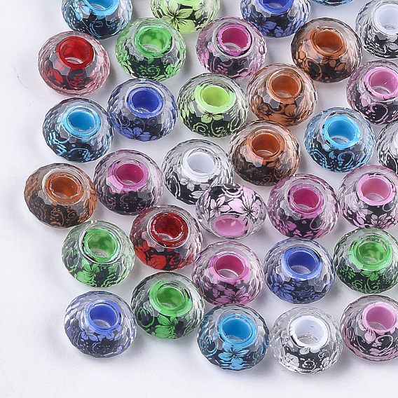Resin European Beads, Large Hole Beads, Faceted, Rondelle, Flower Pattern