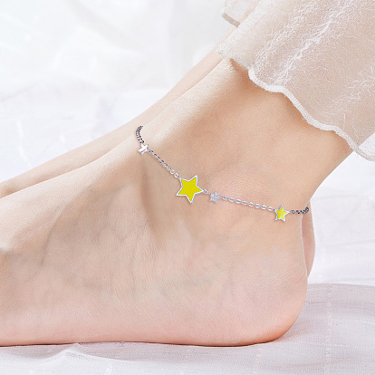 SHEGRACE 925 Sterling Silver Link Anklets, with Grade AAA Cubic Zirconia and Epoxy Resin, Star