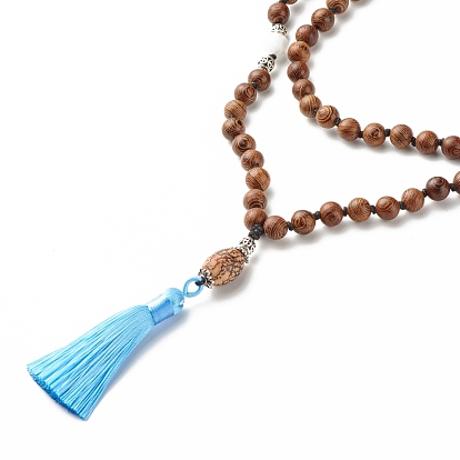 Collier de prière mala en perles de bois de wengé naturel, collier pendentif gros pompon pour méditation bouddhiste, bleu