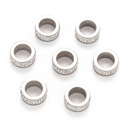 304 Stainless Steel Column Beads, with Polymer Clay Rhinestone, Stainless Steel Metal Color, 13x6mm, Hole: 8mm