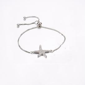 Clear Cubic Zirconia Starfish/Sea Stars Link Silder Bracelets, Slider Bracelets, Brass Jewelry for Women