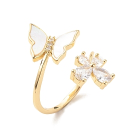 Clear Cubic Zirconia Butterfly Open Cuff Ring with Shell, Brass Jewelry for Women, Cadmium Free & Lead Free