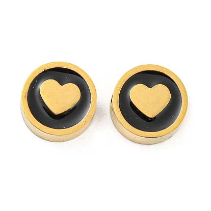 Ion Plating(IP) Rack Plating 316L Surgical Stainless Steel Beads, with Enamel, Real 18K Gold Plated, Flat Round with Heart