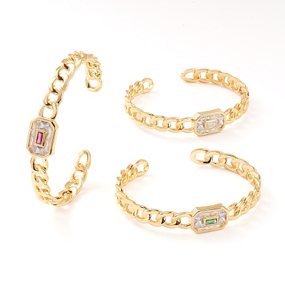 Brass Micro Pave Cubic Zirconia Cuff Bangles, Rectangle, Curb Chain, Real 18K Gold Plated
