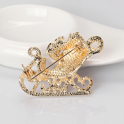 Christmas Sleigh Enamel Pin with Rhinestone, Alloy Brooch for Backpack Clothes