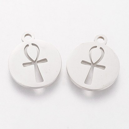 201 Stainless Steel Charms, Flat Round with Ankh Cross