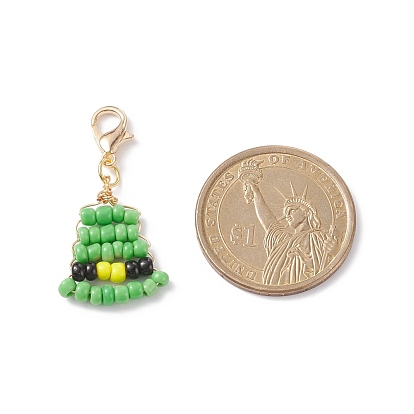 Saint Patrick's Day Glass Beaded Pendant Decorations, Zinc Alloy Lobster Clasp Charms, Clip-on Charms, Cross & Hat