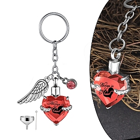 Stainless Steel Keychain, with Urn Ashes and Wing Pendant