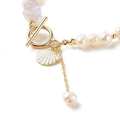Conjunto de pulseras con cuentas de piedra natural mixta, pulseras de perlas naturales, pulseras con forma de concha y borlas de cadena para mujer, dorado