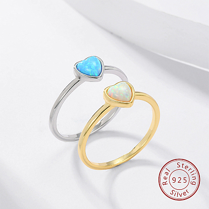 Synthetic Opal Heart Finger Ring, 925 Sterling Silver Rings