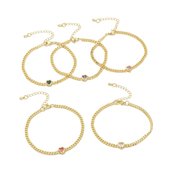 Bracelet à maillons cœur en zircon cubique avec chaînes gourmettes, bijoux en laiton plaqué or pour femme, sans cadmium et sans plomb