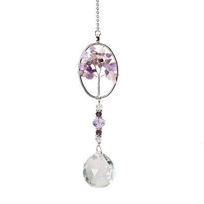 K9 Crystal Glass Big Pendant Decorations, Hanging Sun Catchers, with Amethyst Chip Beads, Oval with Tree of Life