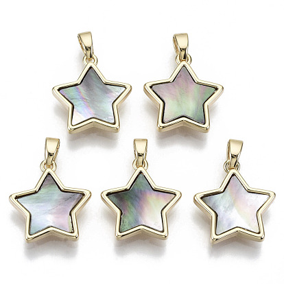 Natural Black Lip Shell Pendants, with Brass Findings, Nickel Free, Star