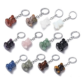 Porte-clés pendentifs pierres précieuses naturelles/synthétiques, avec des fermoirs porte-clés en fer, ours