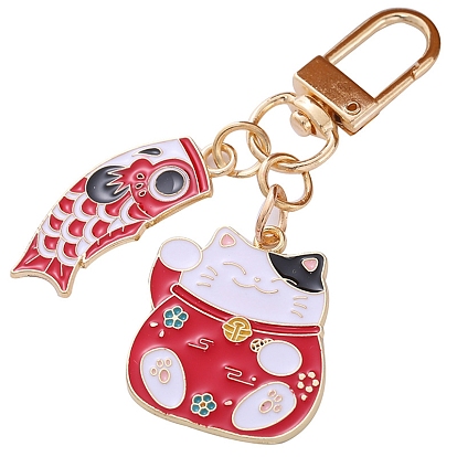 Porte-clés pendentif en alliage d'émail, fermoirs alliage pivotantes, poisson koi avec chat de fortune