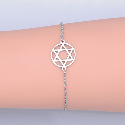 201 Stainless Steel Link Bracelets, for Jewish, with Lobster Claw Clasps, Flat Round with Star of David