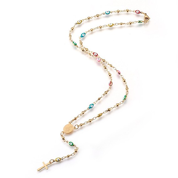 304 inoxydable colliers de perles de chapelet d'acier, avec l'émail mauvais œil, ovale avec la Vierge Marie