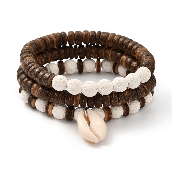 Stretch Bracelets Sets, Stackable Bracelets, with Natural Lava Rock(Dyed) & Coconut & Cowrie Shell Beads