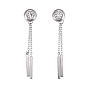 304 Stainless Steel Chain Tassel Earrings, with Ear Nuts and Cubic Zirconia, Bar & Flar Round