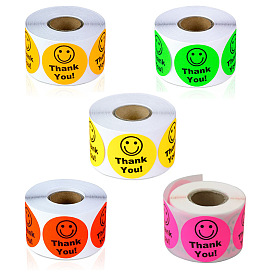 Fluorescent Color Round Dot Paper Self-Adhesive Thank You Stickers Rolls, Smiling Face Gift Decals, for Party Presents Decoration